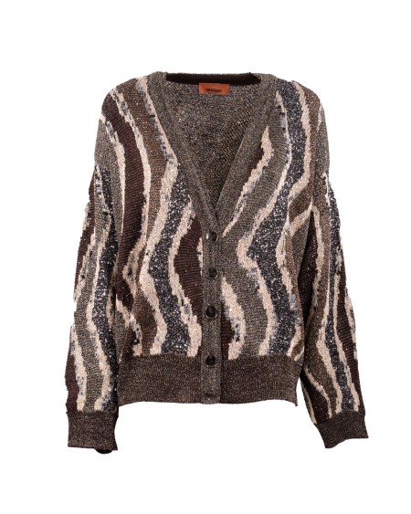 Shop MISSONI  Cardigan: Missoni cardigan boxy con bottoni motivo onde.
Cardigan con chiusura a bottoni e realizzato in jacquard con un motivo onde distintivo. 
Paillettes applicate. 
Scollo V.
Composizione: 49% Viscosa 44% Poliammide 7% Fibra Metallica.
Fabbricato in Italia.. WM0C BK01C8-S80E2